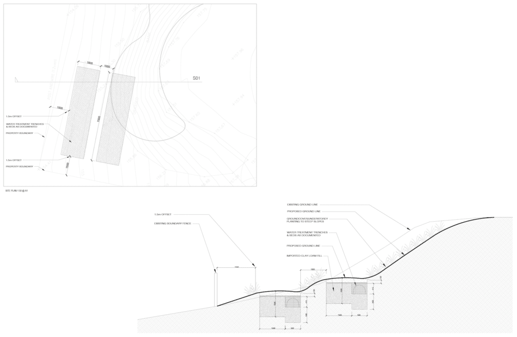 Shows a detailed architectural and scaled septic design drawing.